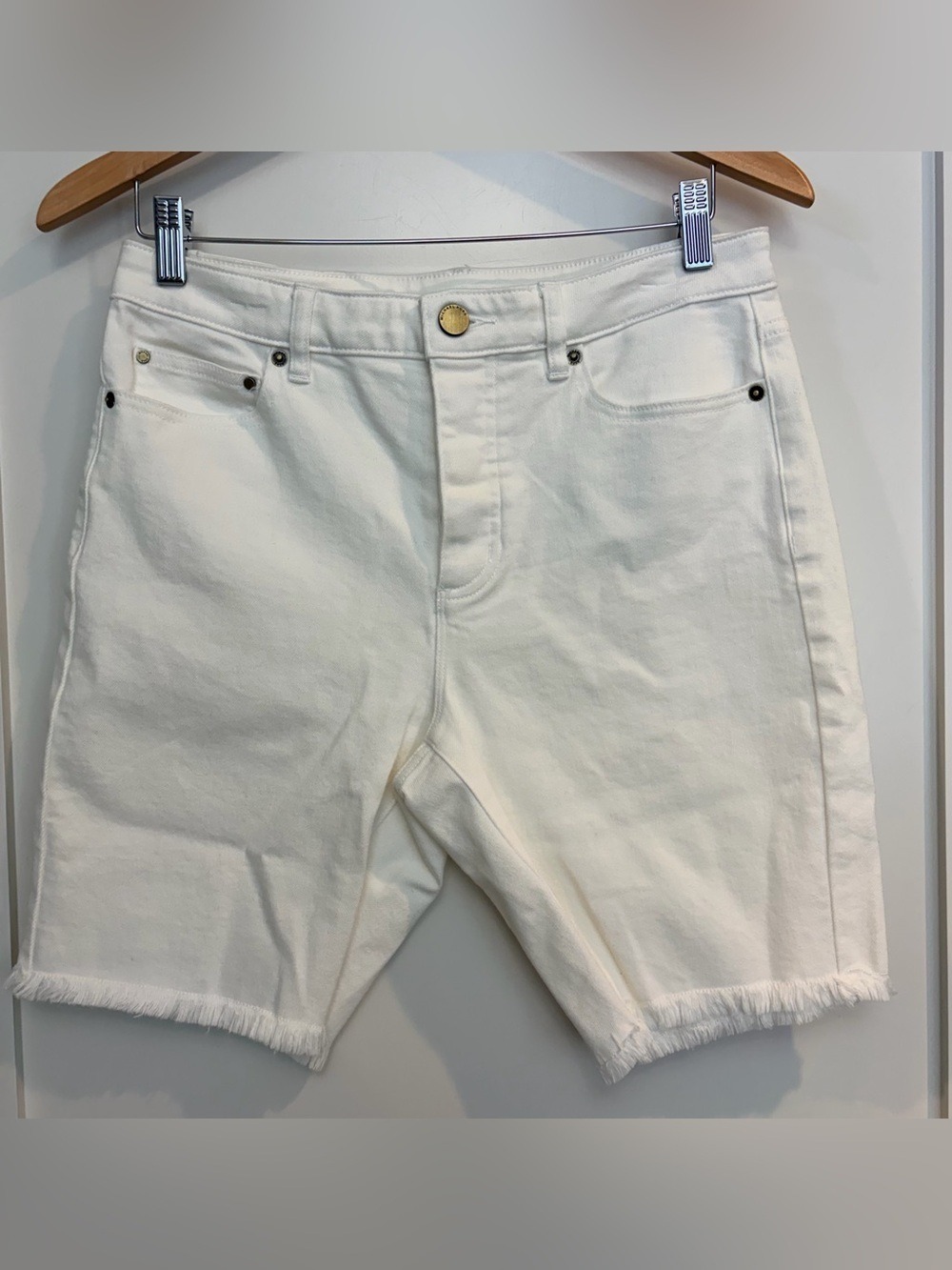 Michael Kors White Denim Shorts with Gold Logo Button